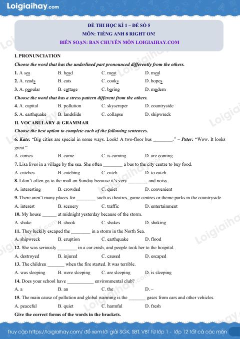 Đề thi học kì 1 Tiếng Anh 8 Right on! - Đề số 5